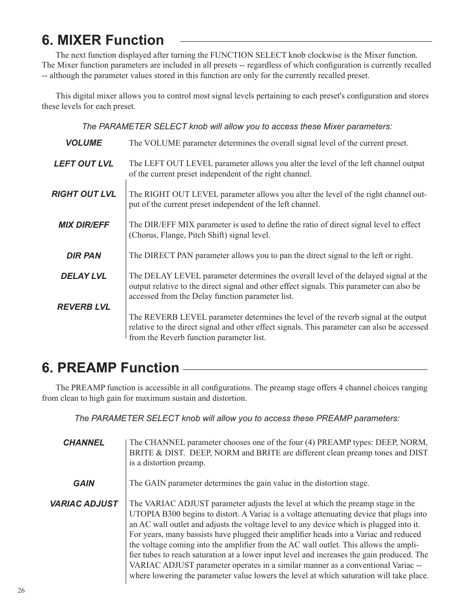 Mixer function, Preamp function | Rocktron Utopia B300 User Manual | Page 26 / 84