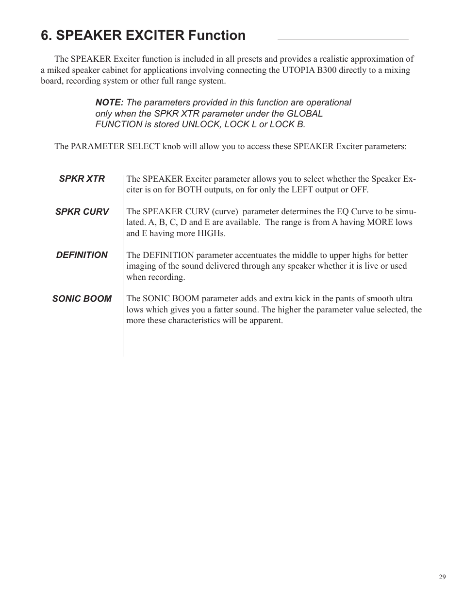 Speaker exciter function | Rocktron Utopia B300 User Manual | Page 29 / 84