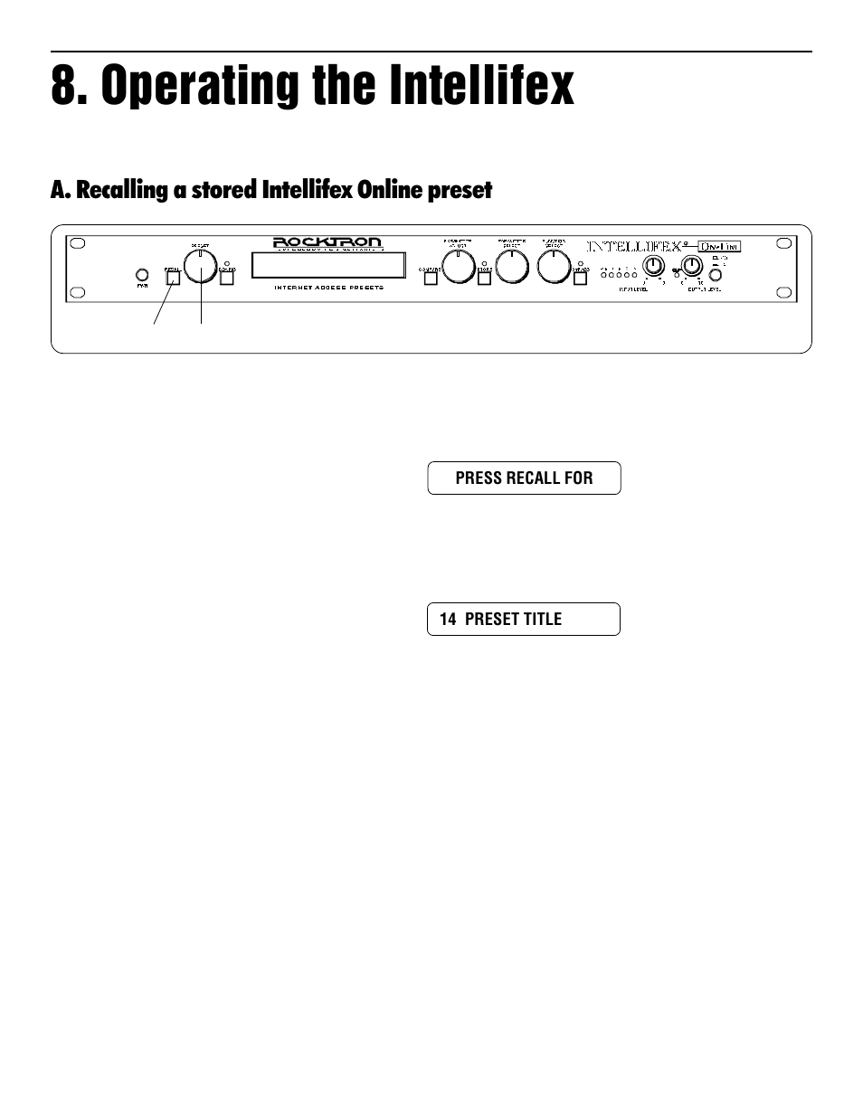Operating the intellifex, A. recalling a stored intellifex online preset | Rocktron Intellifex On-Line User Manual | Page 38 / 58