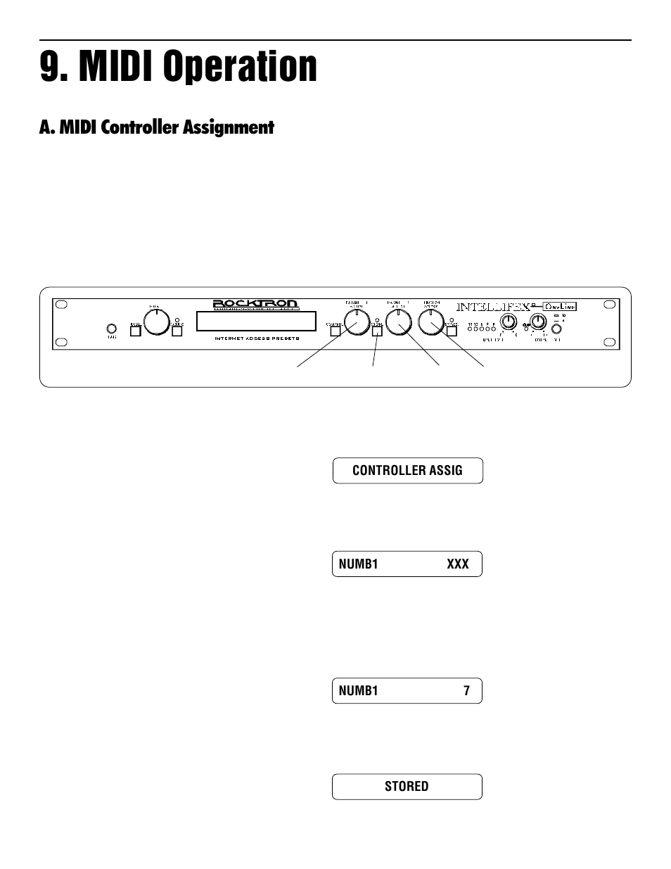 Midi operation, A. midi controller assignment | Rocktron Intellifex On-Line User Manual | Page 44 / 58