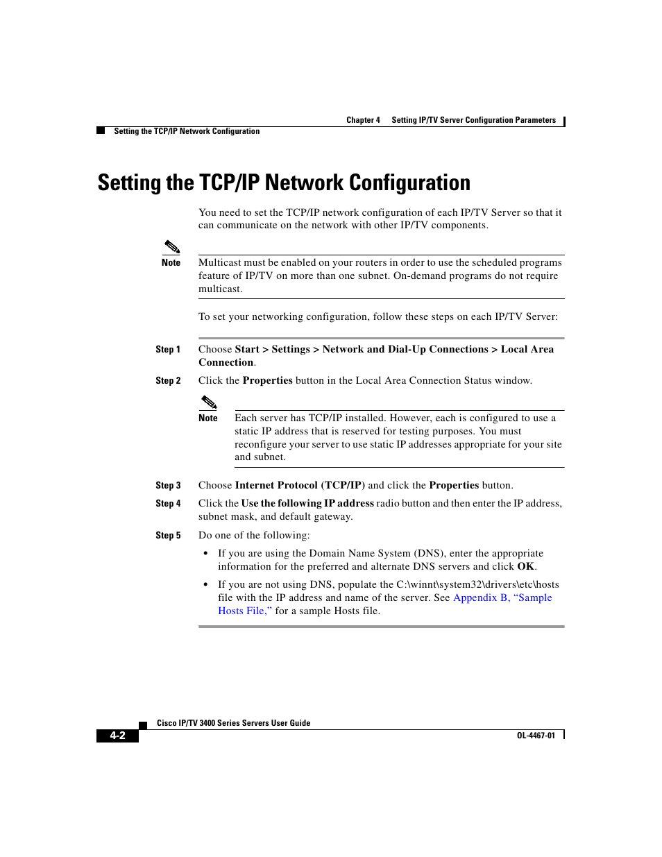 Setting the tcp/ip network configuration | Cisco IP/TV 3400 Series User Manual | Page 100 / 126