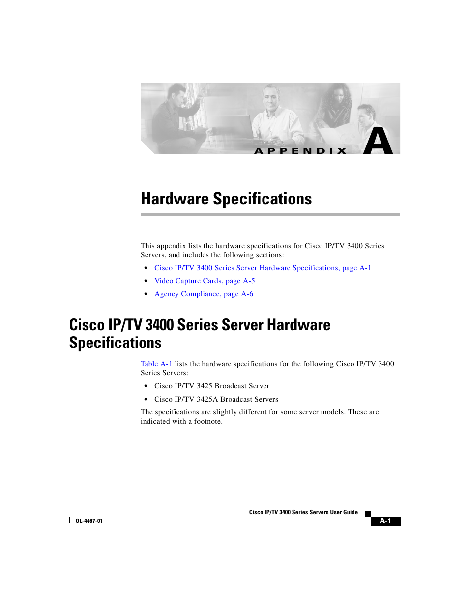 Hardware specifications, A p p e n d i x, A hardware | Specifications | Cisco IP/TV 3400 Series User Manual | Page 105 / 126