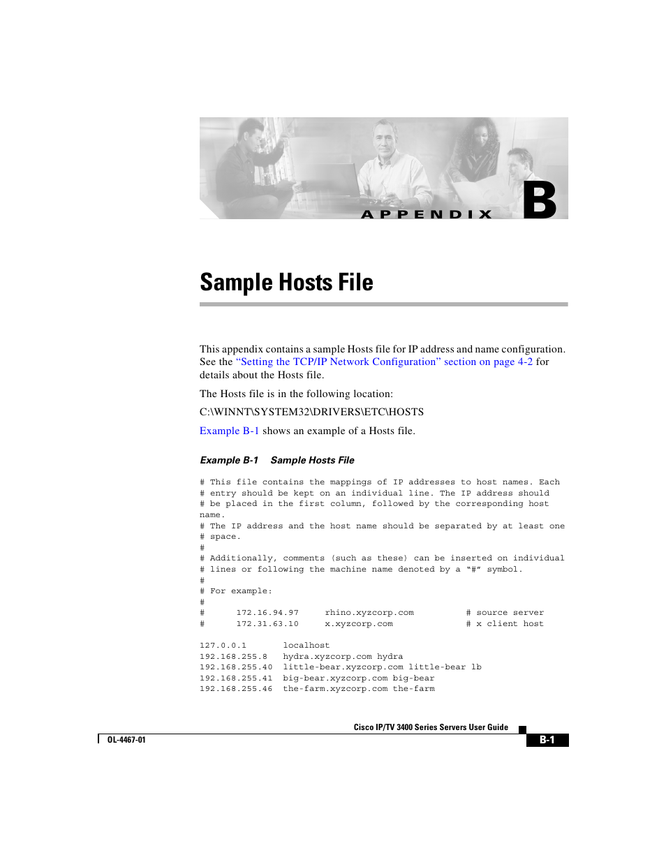 Sample hosts file, A p p e n d i x, B sample hosts file | Cisco IP/TV 3400 Series User Manual | Page 111 / 126