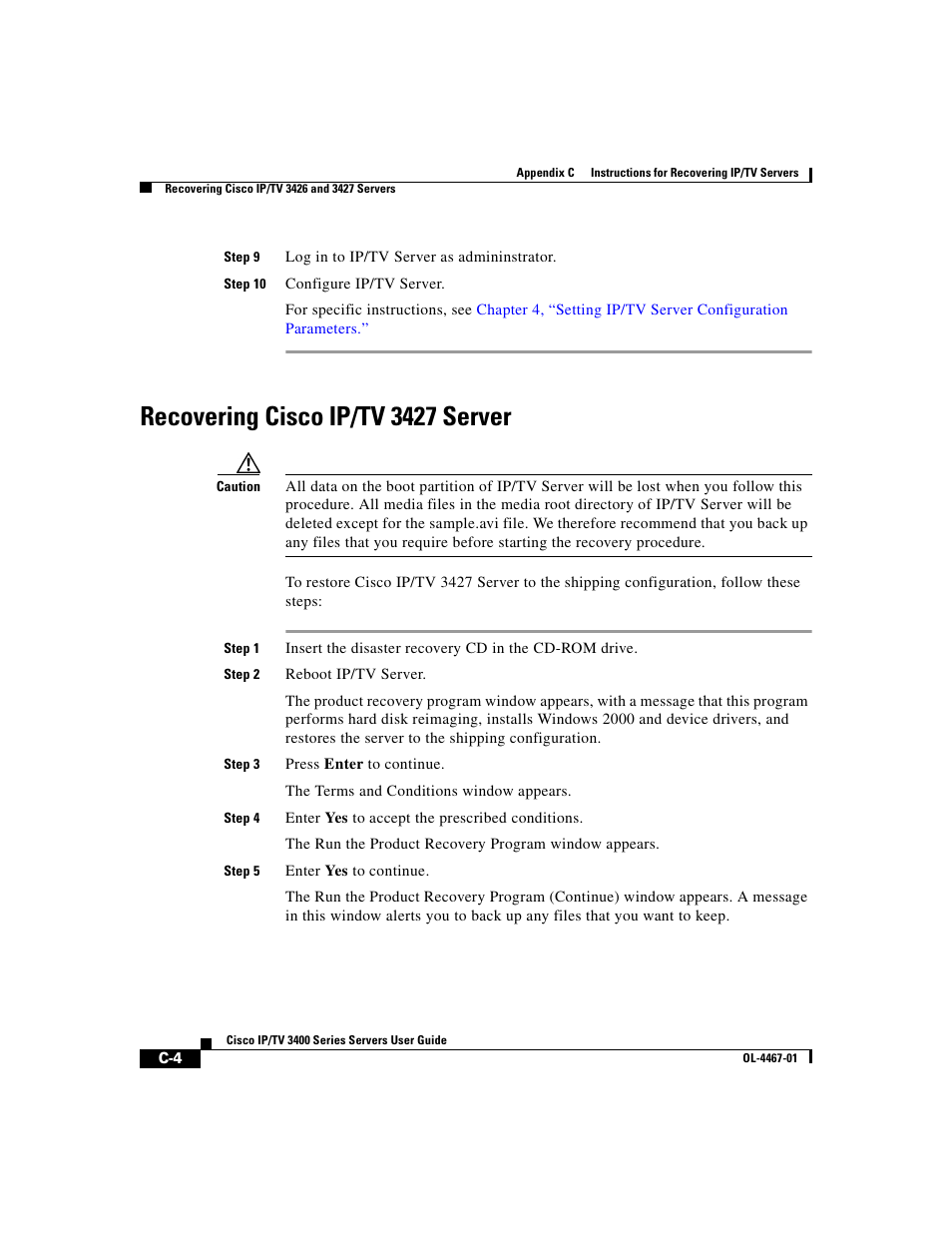 Recovering cisco ip/tv 3427 server | Cisco IP/TV 3400 Series User Manual | Page 116 / 126