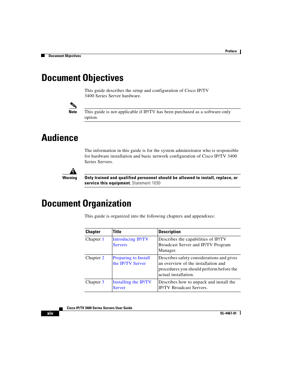 Document objectives, Audience, Document organization | Cisco IP/TV 3400 Series User Manual | Page 14 / 126