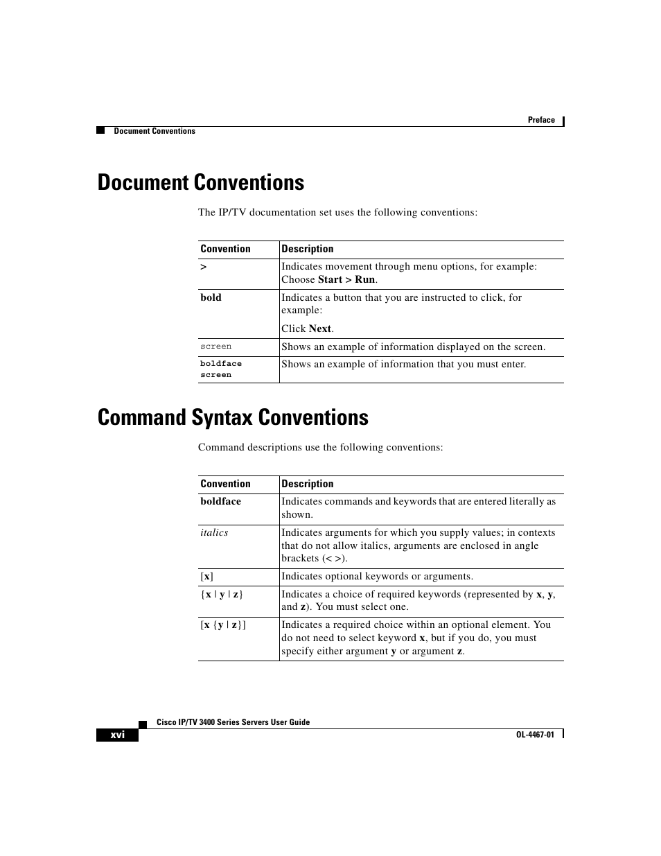 Document conventions, Command syntax conventions | Cisco IP/TV 3400 Series User Manual | Page 16 / 126