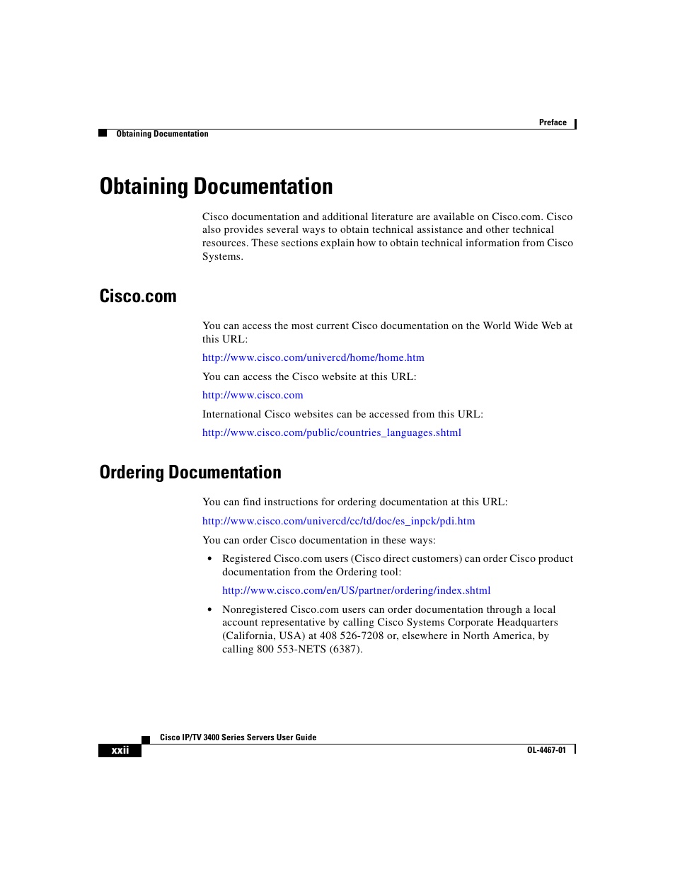 Obtaining documentation, Cisco.com, Ordering documentation | Cisco IP/TV 3400 Series User Manual | Page 22 / 126