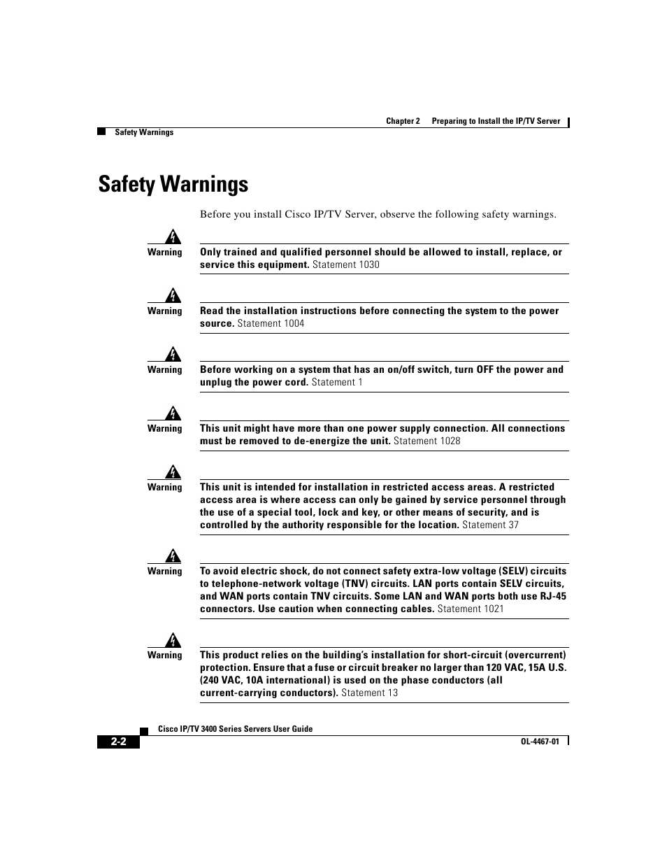 Safety warnings | Cisco IP/TV 3400 Series User Manual | Page 56 / 126