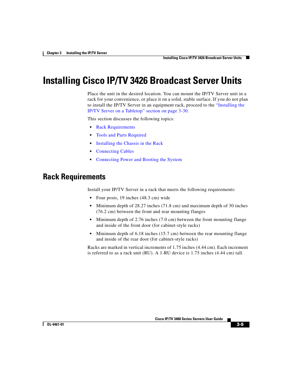 Installing cisco ip/tv 3426 broadcast server units, Rack requirements | Cisco IP/TV 3400 Series User Manual | Page 71 / 126