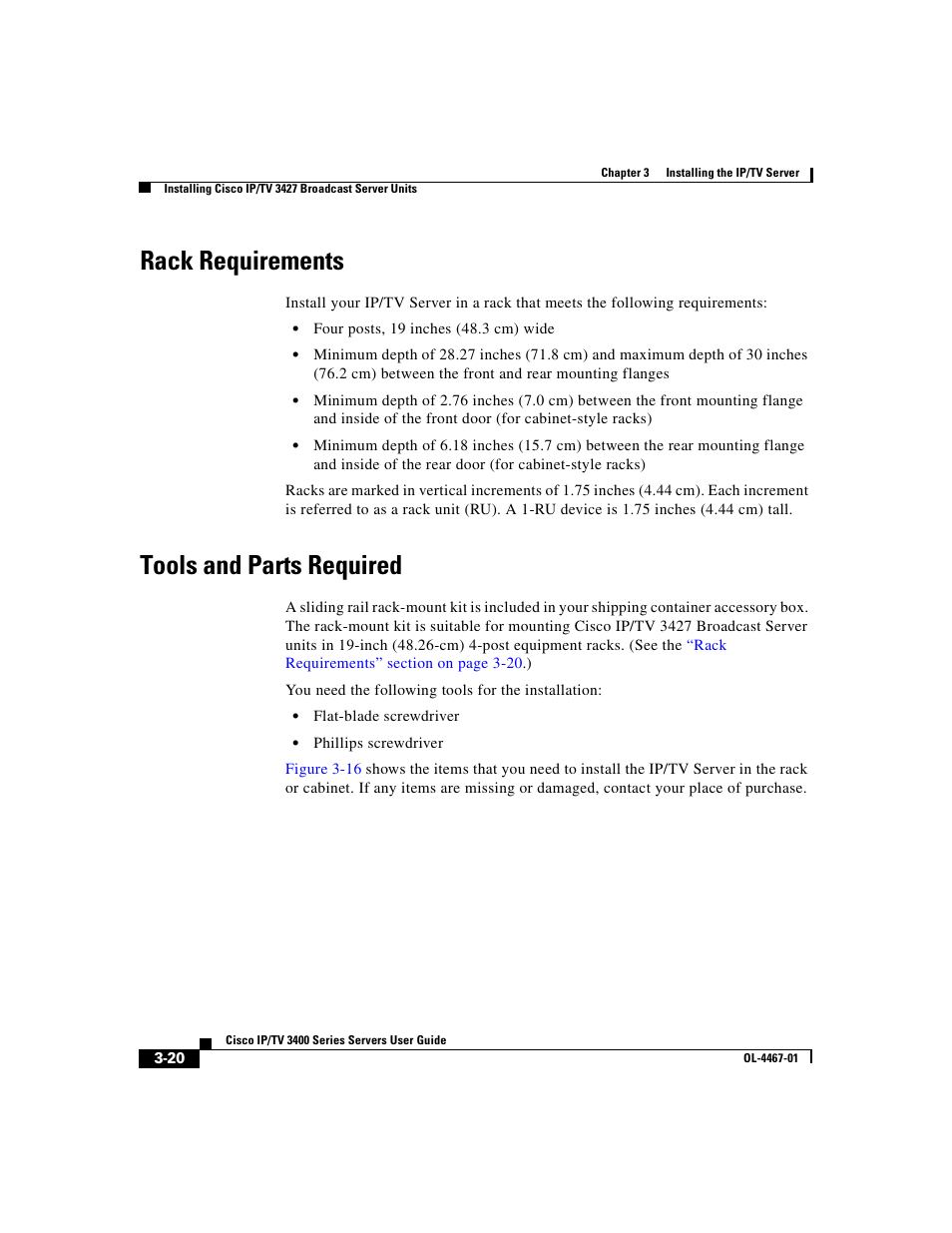 Rack requirements, Tools and parts required | Cisco IP/TV 3400 Series User Manual | Page 82 / 126