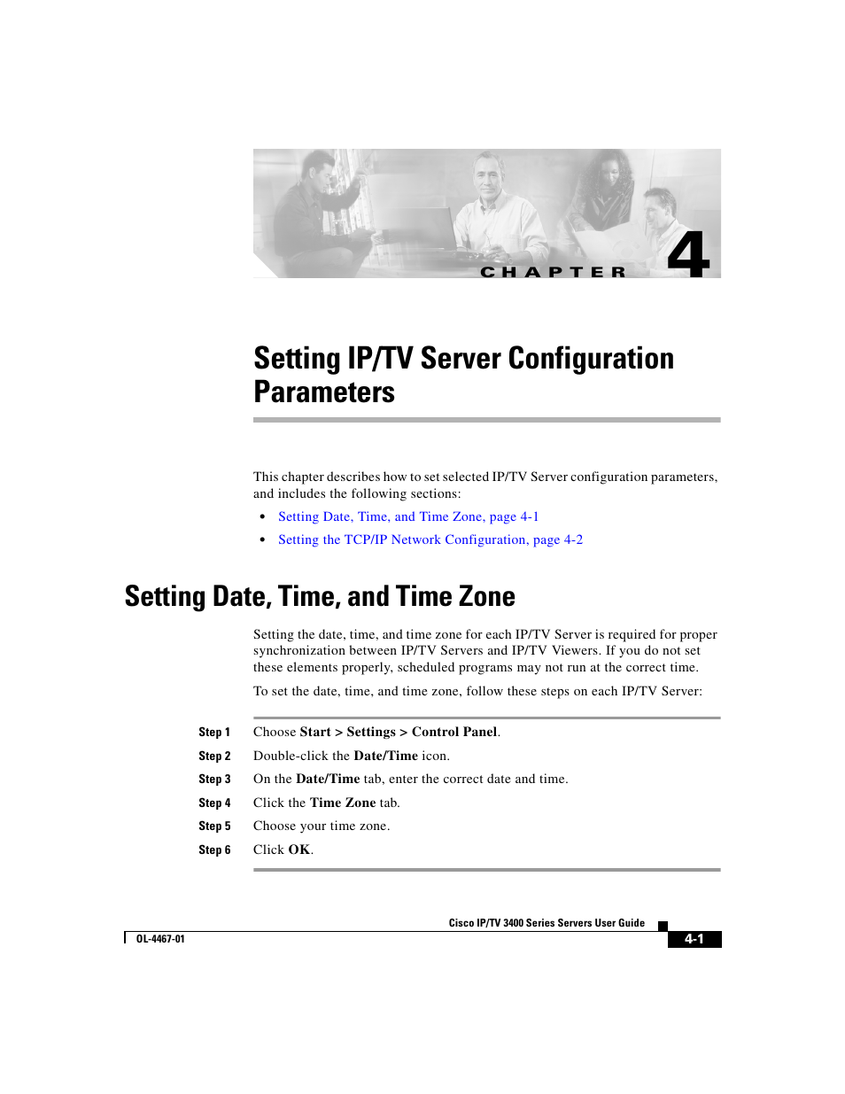 Setting ip/tv server configuration parameters, Setting date, time, and time zone, C h a p t e r | Chapter 4, “setting ip/tv server, Configuration parameters | Cisco IP/TV 3400 Series User Manual | Page 99 / 126