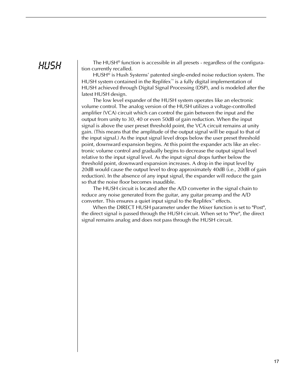 Hush function, Hush, Function | Rocktron Replifex User Manual | Page 20 / 76