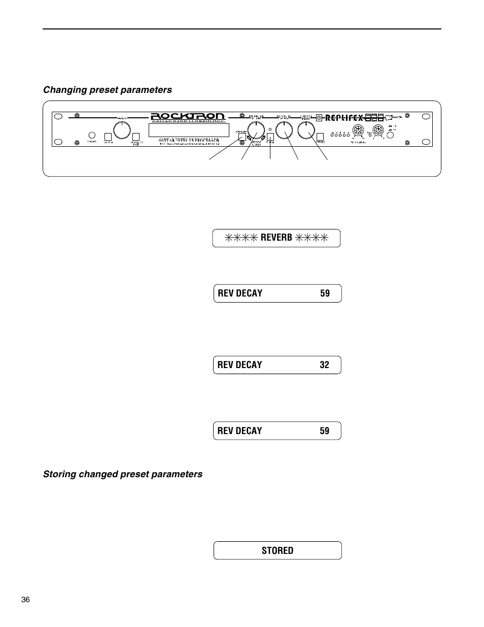 Changing preset parameters, Storing changed preset parameters | Rocktron Replifex User Manual | Page 39 / 76