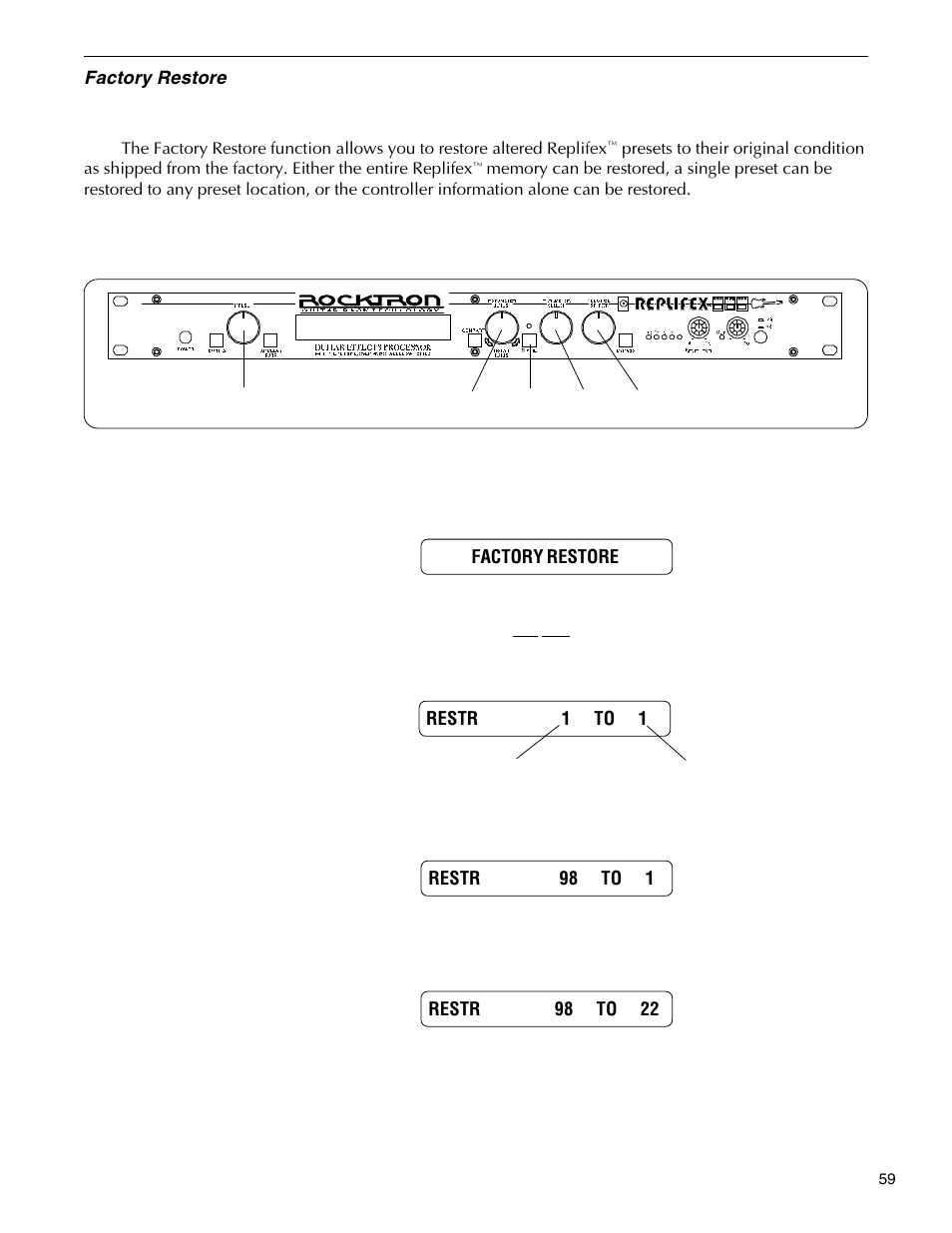 Factory restore, Restoring a single factory preset | Rocktron Replifex User Manual | Page 62 / 76