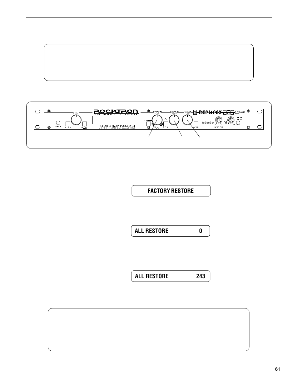Restoring the replifex™ memory (all presets), Restoring the replifex memory (all presets), Warning | Caution | Rocktron Replifex User Manual | Page 64 / 76