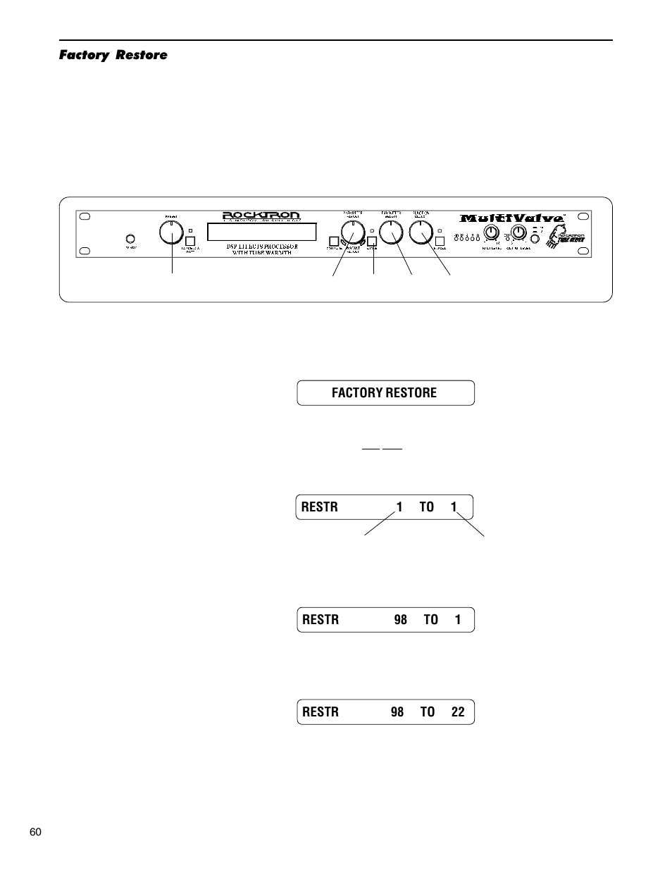 Factory restore, Restoring a single factory preset, Factory restore restoring a single factory preset | Rocktron MultiValve User Manual | Page 63 / 76