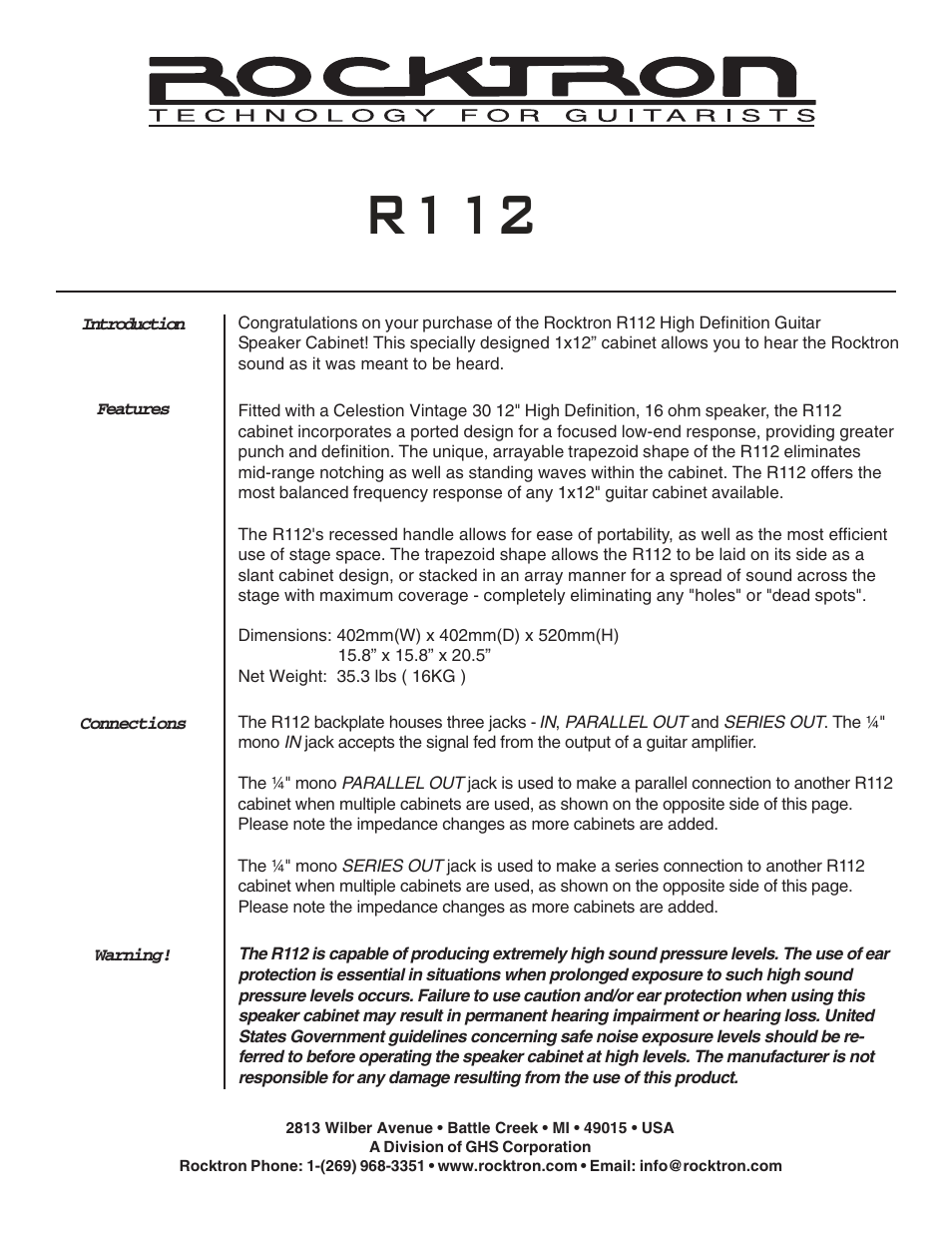 Rocktron R112 Guitar Speaker Cabinet User Manual | 2 pages
