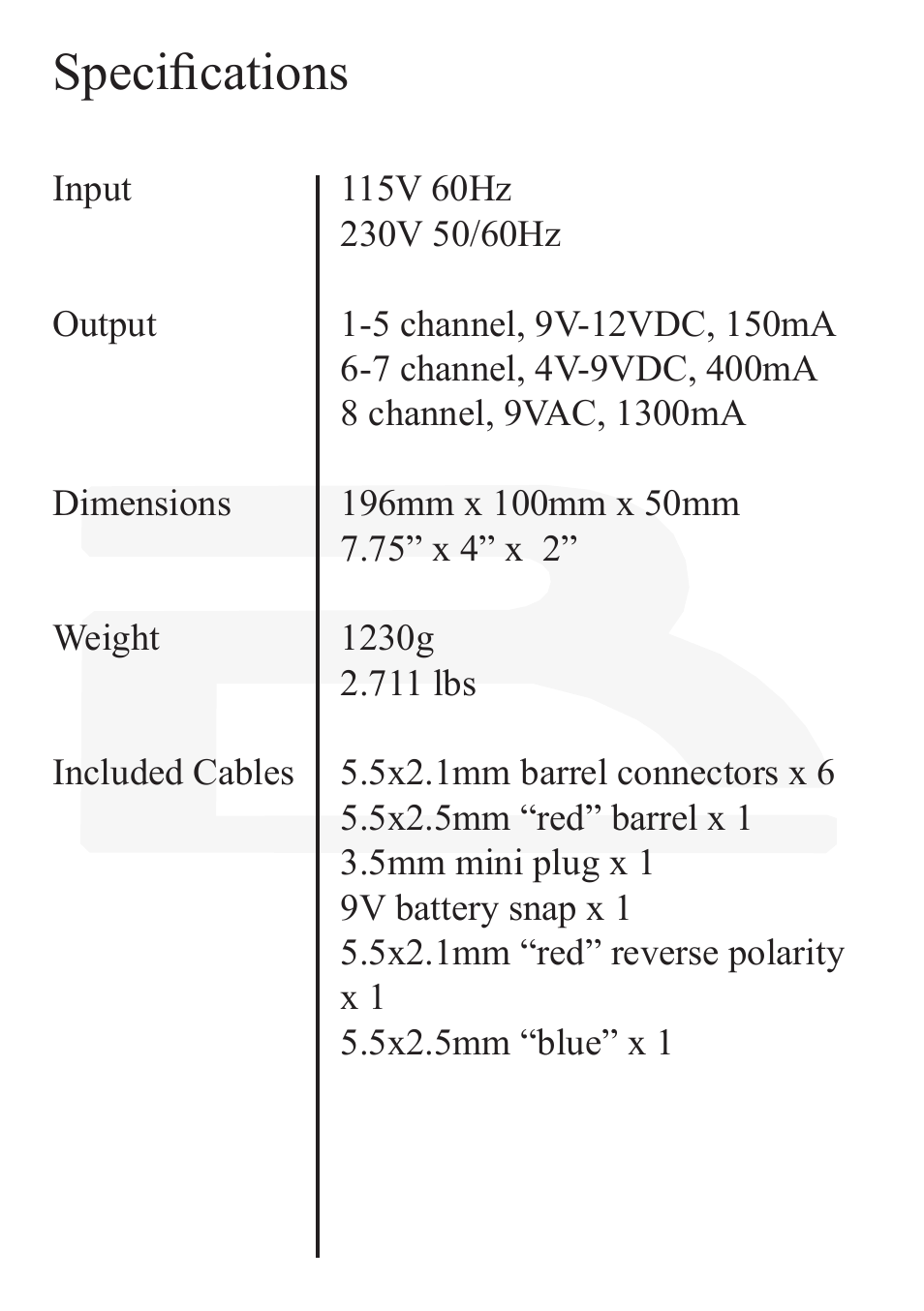 Specifications | Rocktron PowerTap Pedal User Manual | Page 11 / 12