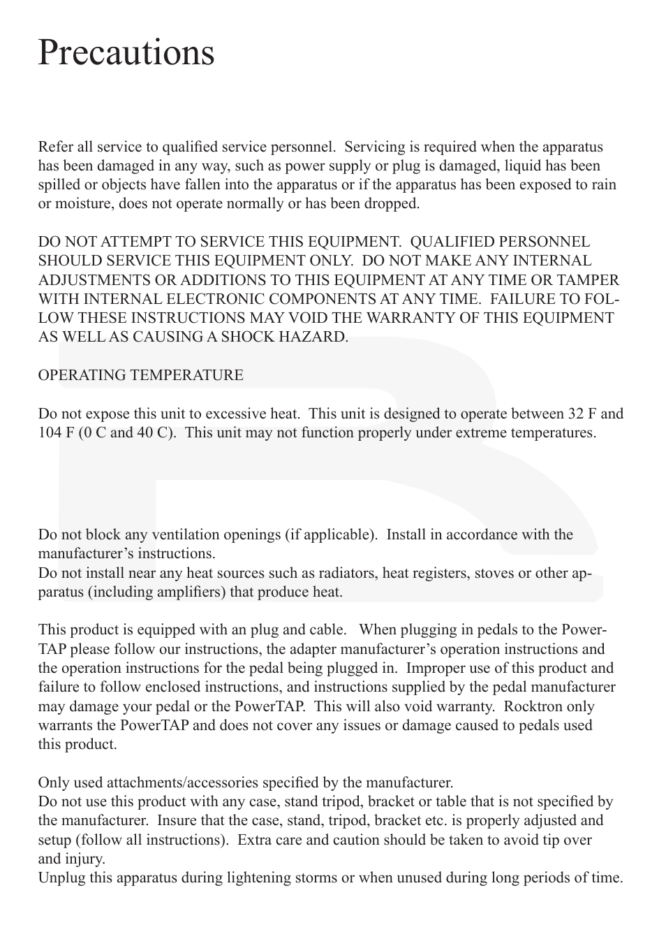 Precautions | Rocktron PowerTap Pedal User Manual | Page 3 / 12