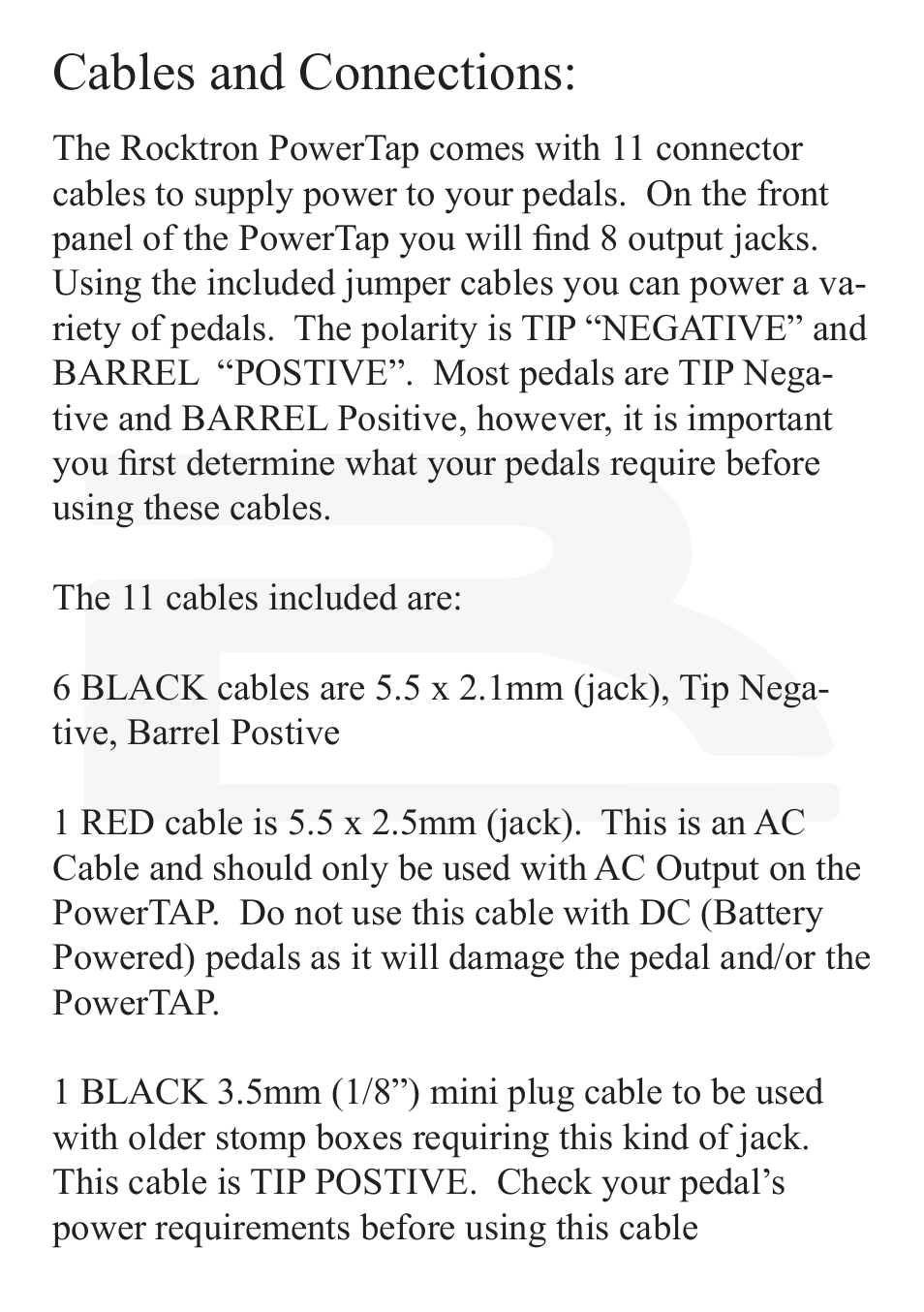 Cables and connections | Rocktron PowerTap Pedal User Manual | Page 9 / 12