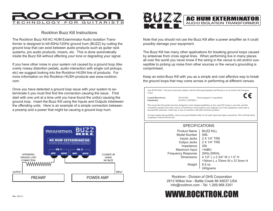 Rocktron Buzz Kill User Manual | 1 page