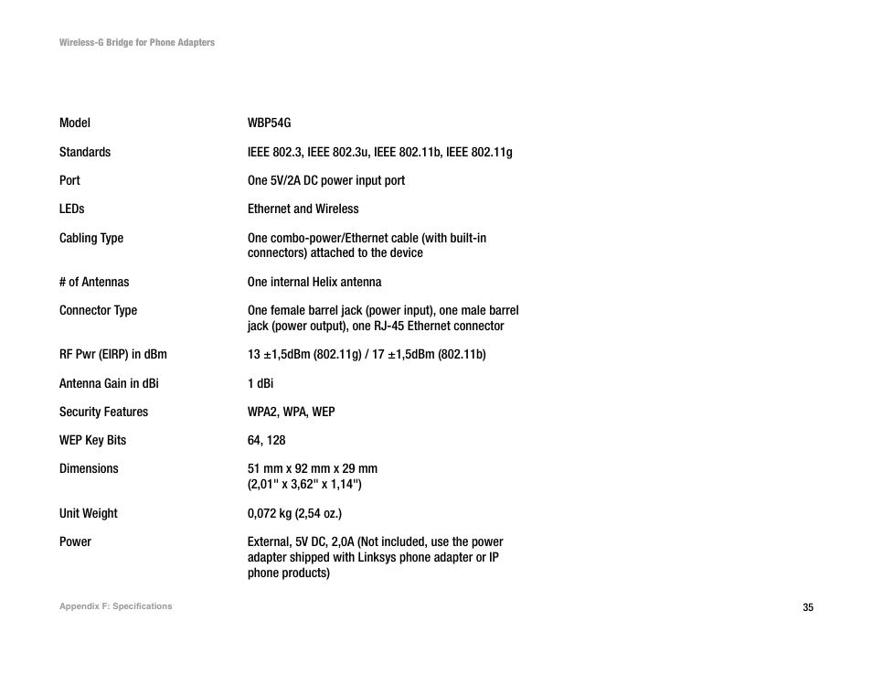 Appendix f: specifications | Cisco WIRELESS-G WBP54G User Manual | Page 40 / 55