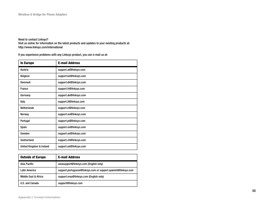 Appendix i: contact information | Cisco WIRELESS-G WBP54G User Manual | Page 55 / 55