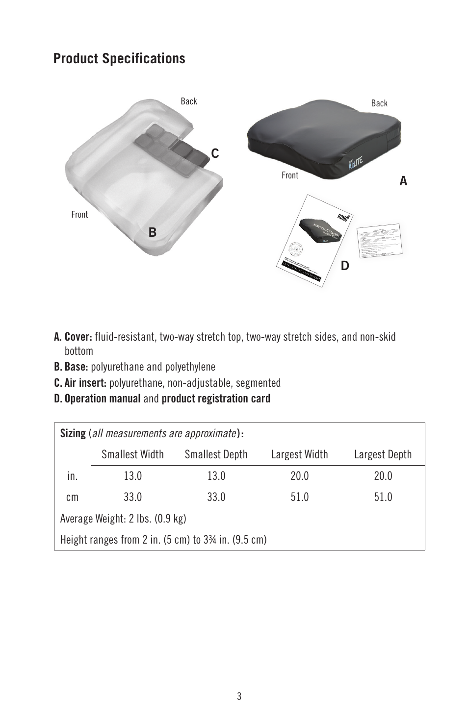 Product specifications | ROHO AirLIT cushion User Manual | Page 5 / 9