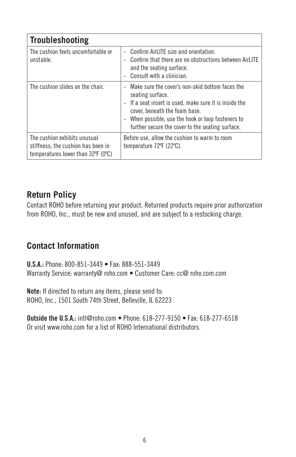 Troubleshooting, Return policy, Contact information | ROHO AirLIT cushion User Manual | Page 8 / 9