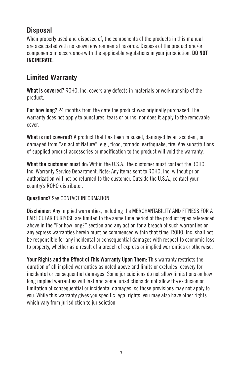Disposal, Limited warranty | ROHO AirLIT cushion User Manual | Page 9 / 9