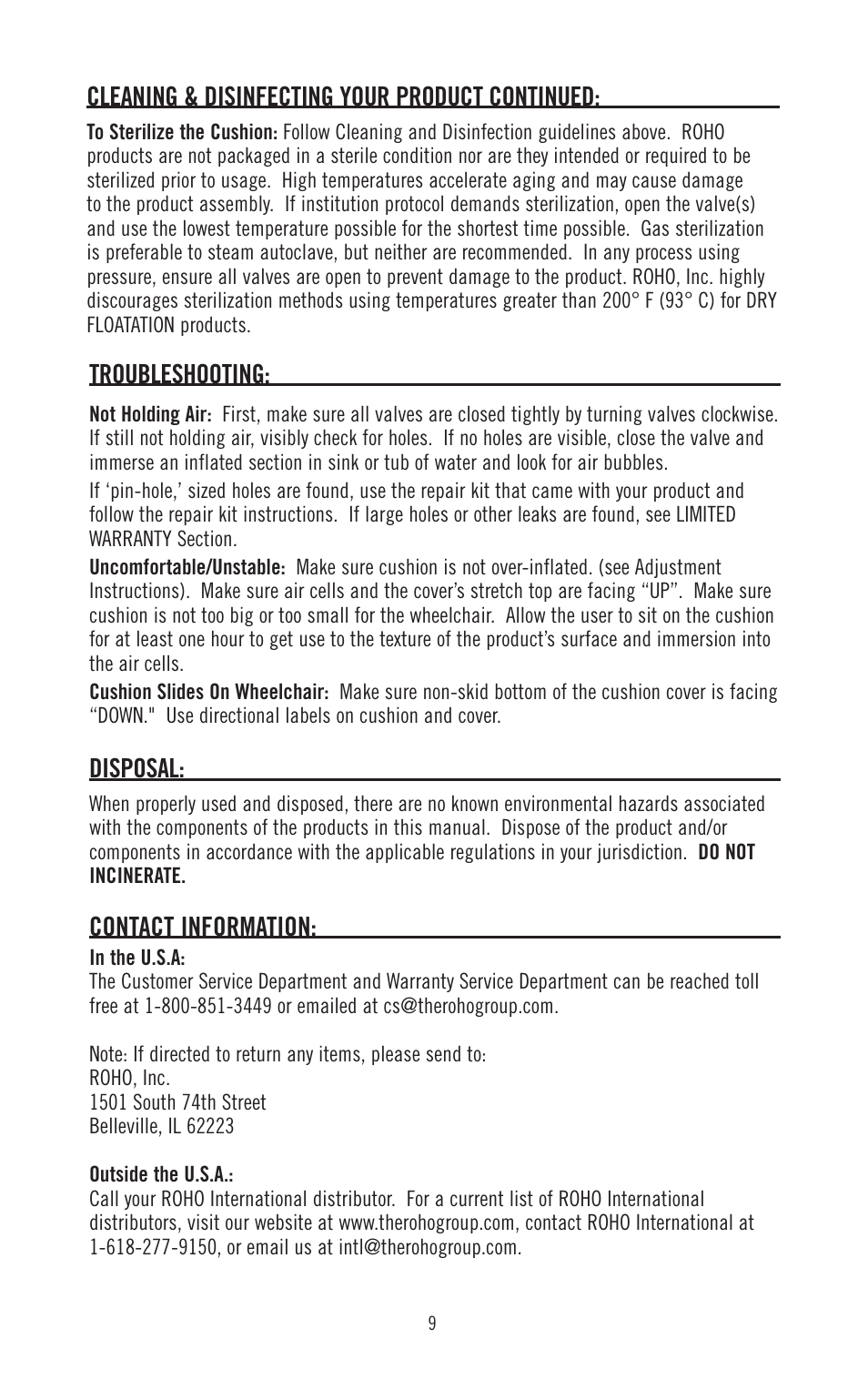 Troubleshooting, Disposal, Contact information | Cleaning & disinfecting your product continued | ROHO DRY FLOATATIO cushion User Manual | Page 10 / 12