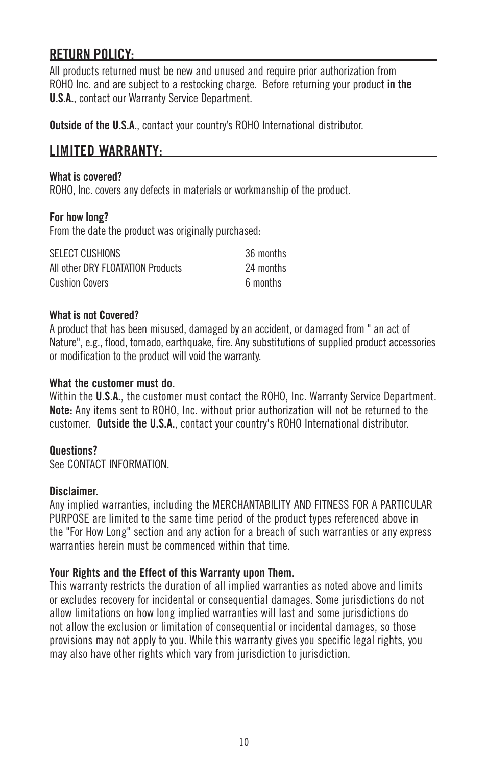 Return policy, Limited warranty | ROHO DRY FLOATATIO cushion User Manual | Page 11 / 12