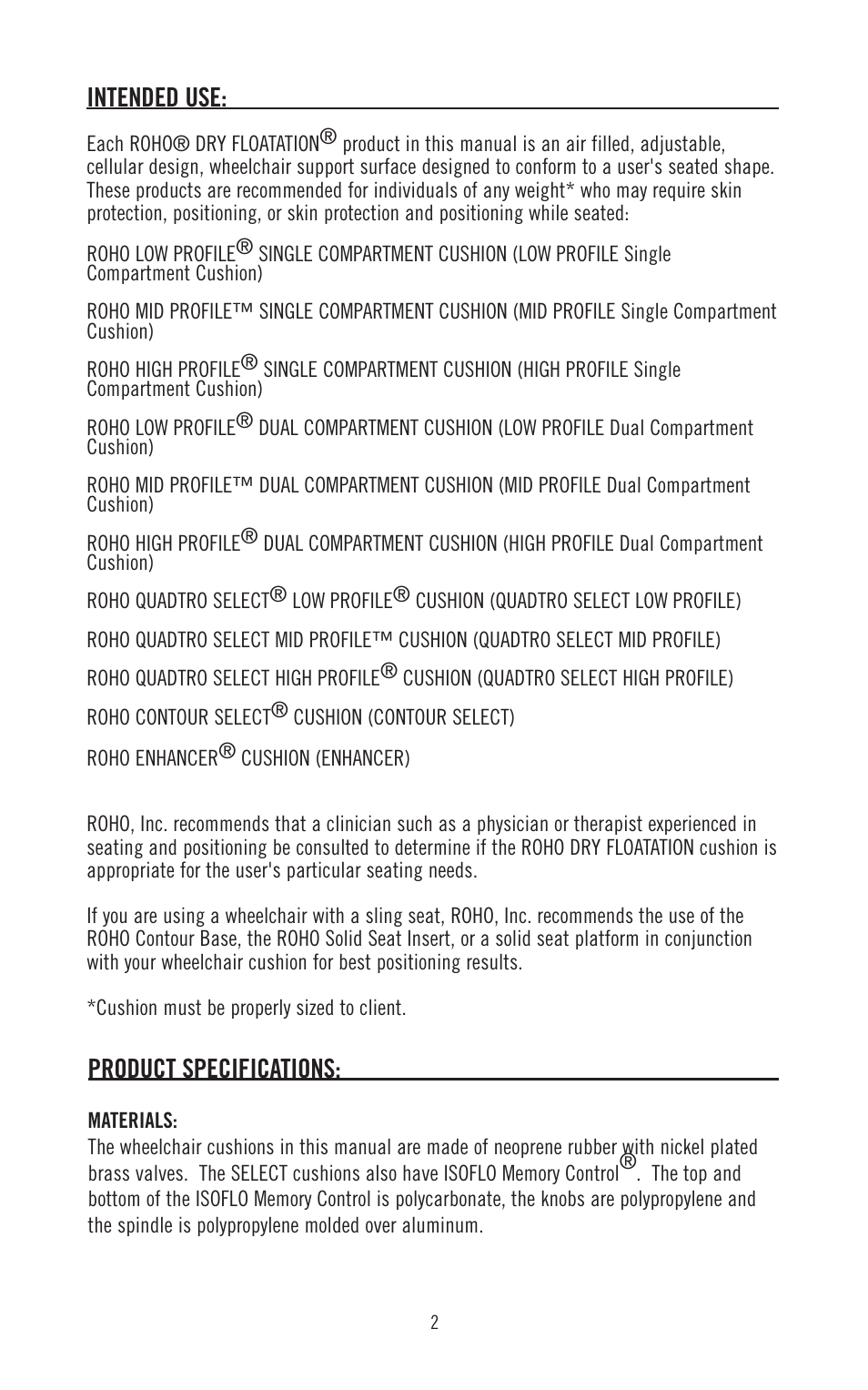 Intended use, Product specifications | ROHO DRY FLOATATIO cushion User Manual | Page 3 / 12