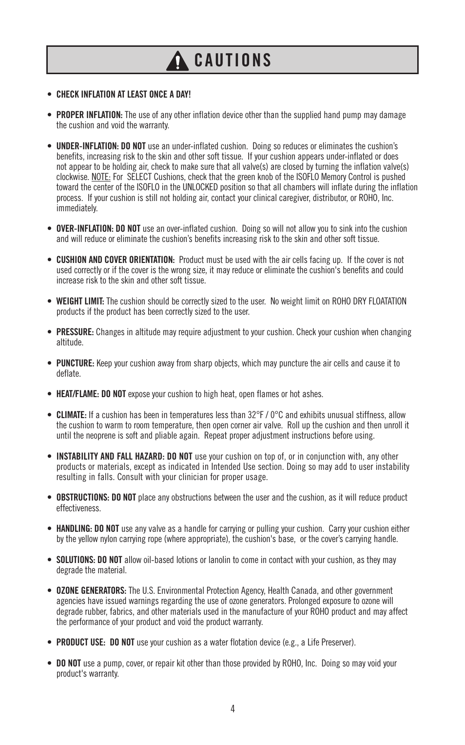 Cautions | ROHO DRY FLOATATIO cushion User Manual | Page 5 / 12
