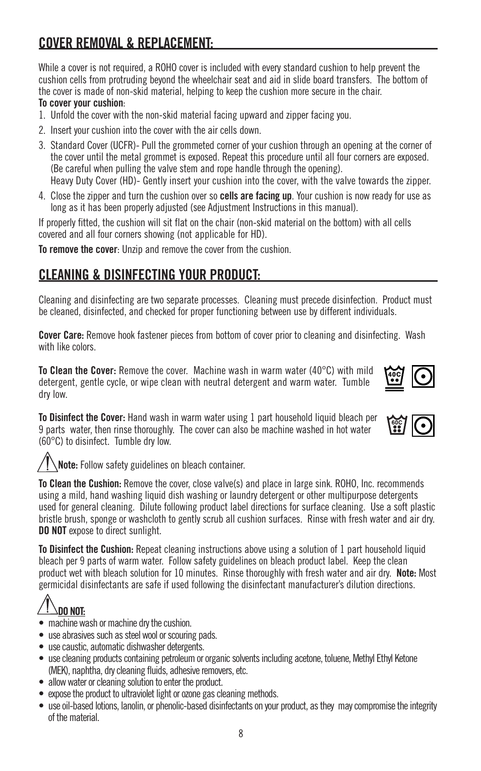 Cover removal & replacement, Cleaning & disinfecting your product | ROHO DRY FLOATATIO cushion User Manual | Page 9 / 12