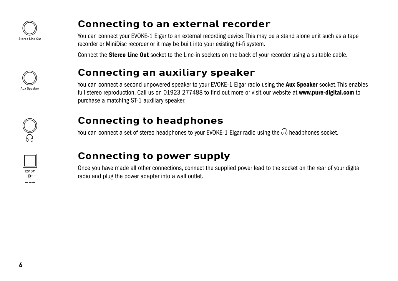 Connecting to power supply, Connecting an auxiliary speaker, Connecting to headphones | Connecting to an external recorder | Pure Elgar EVOKE-1 User Manual | Page 10 / 24
