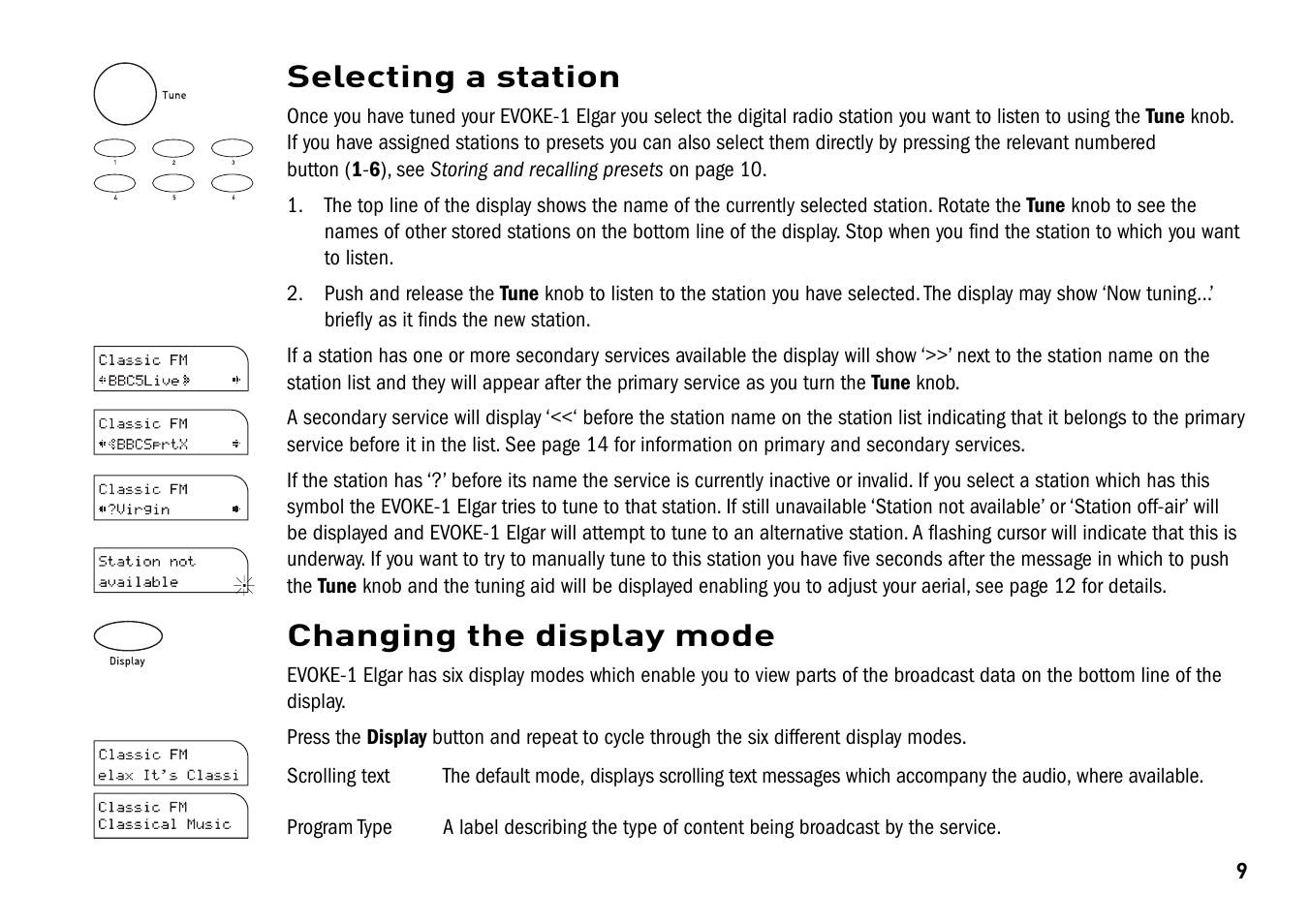 Changing the display mode, Selecting a station | Pure Elgar EVOKE-1 User Manual | Page 13 / 24