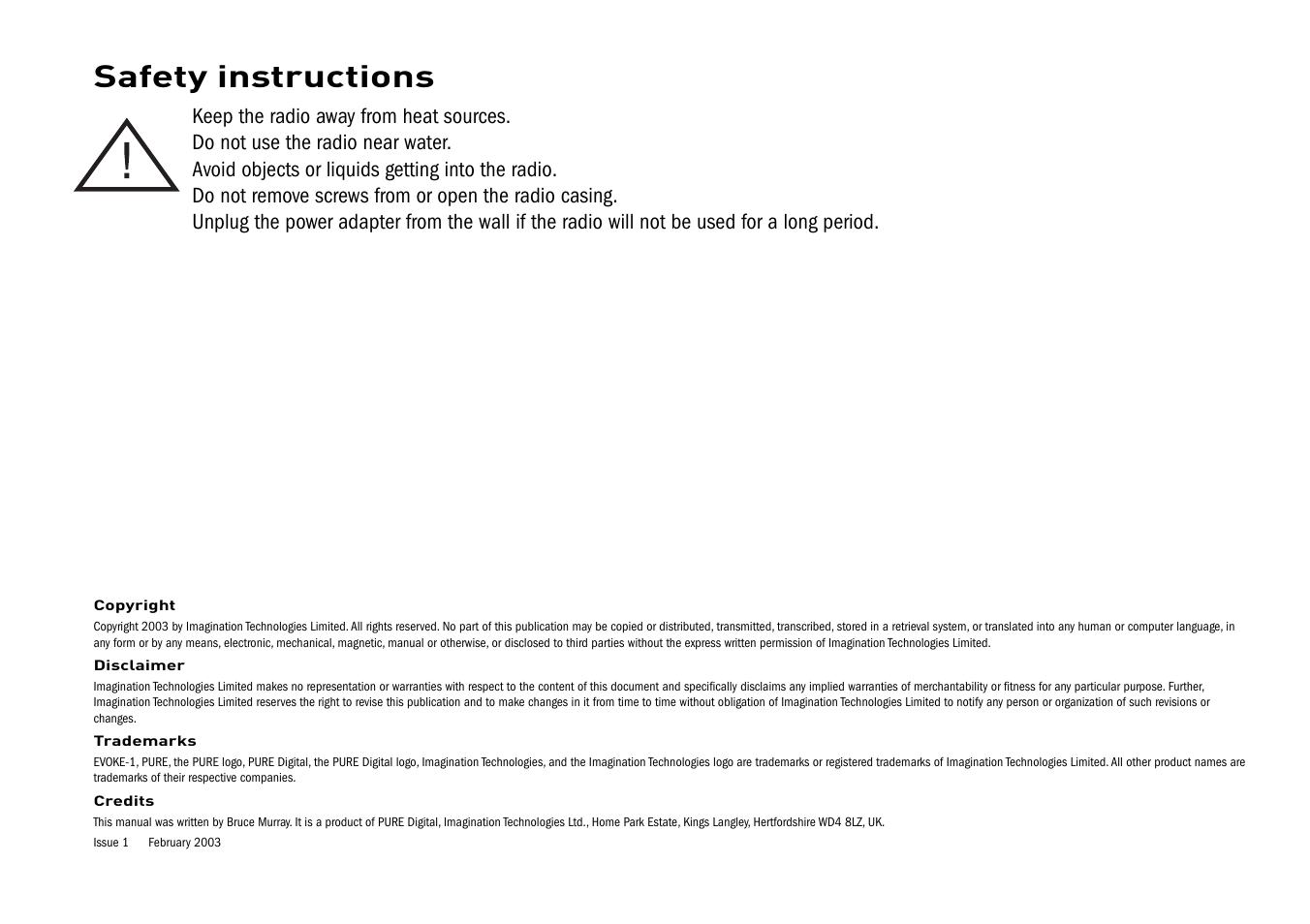 Safety instructions | Pure Elgar EVOKE-1 User Manual | Page 2 / 24