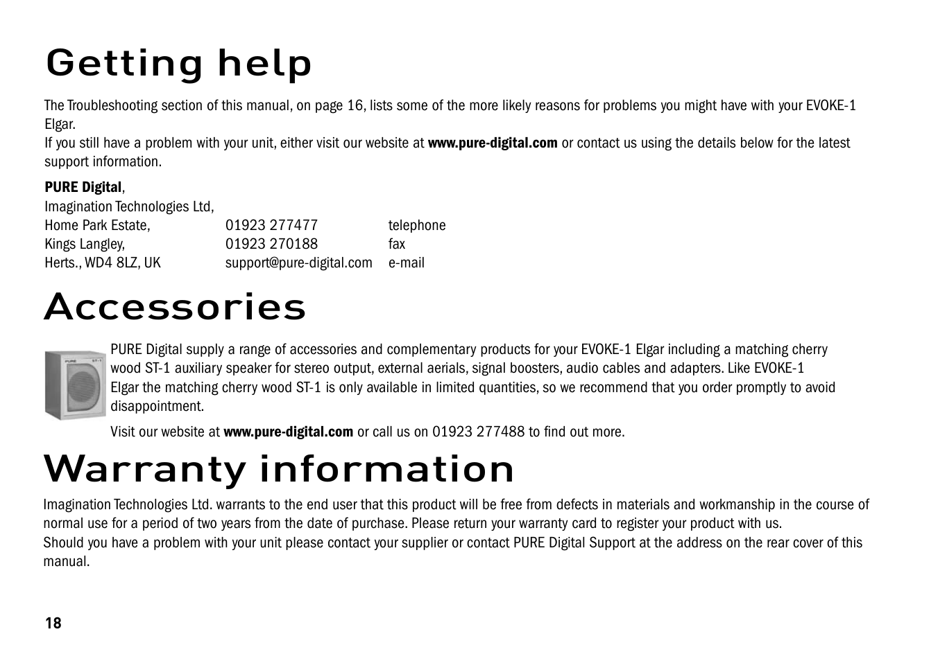 Accessories, Warranty information, Getting help | Pure Elgar EVOKE-1 User Manual | Page 22 / 24