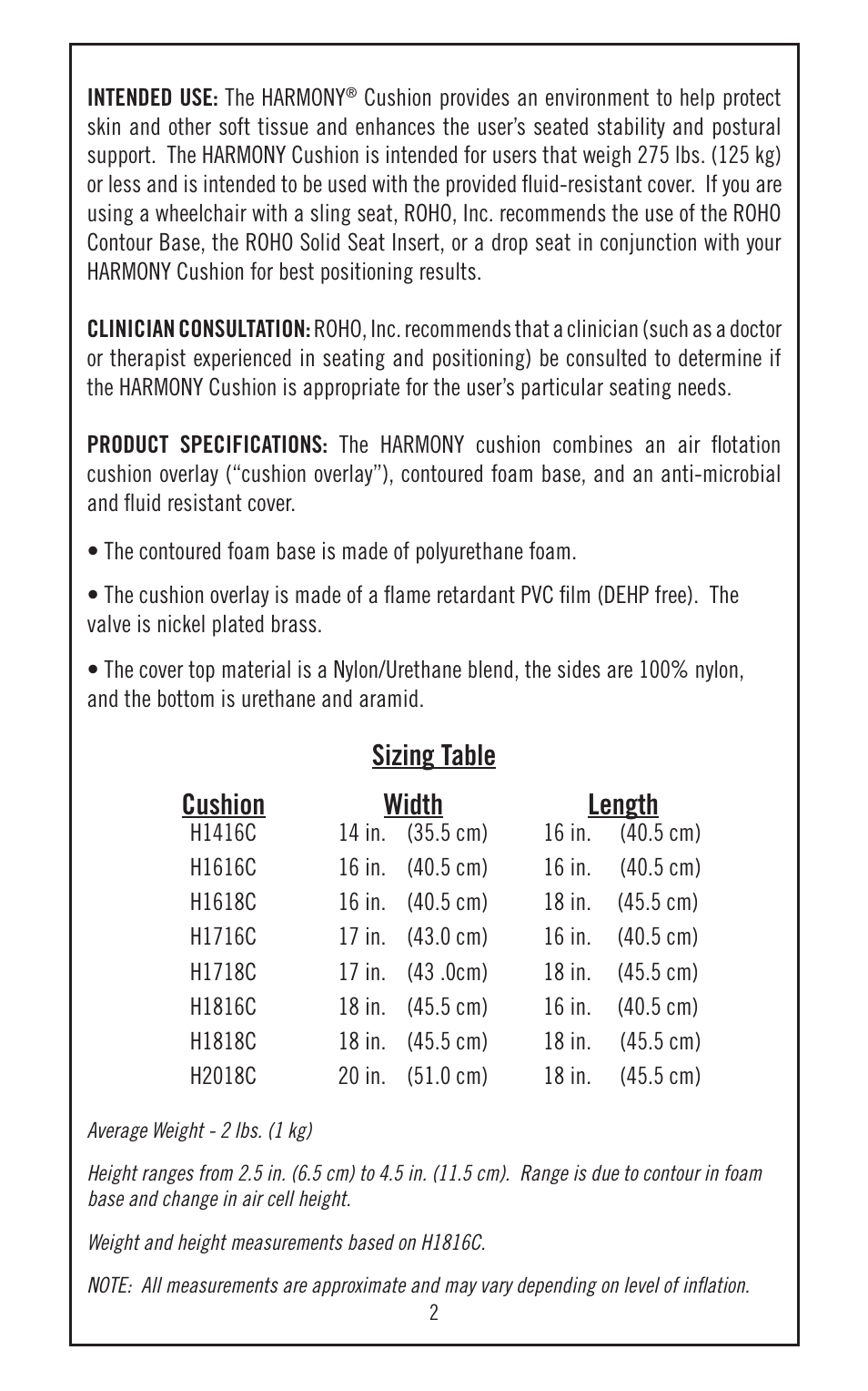 Sizing table cushion width length | ROHO HARMON cushion User Manual | Page 3 / 10