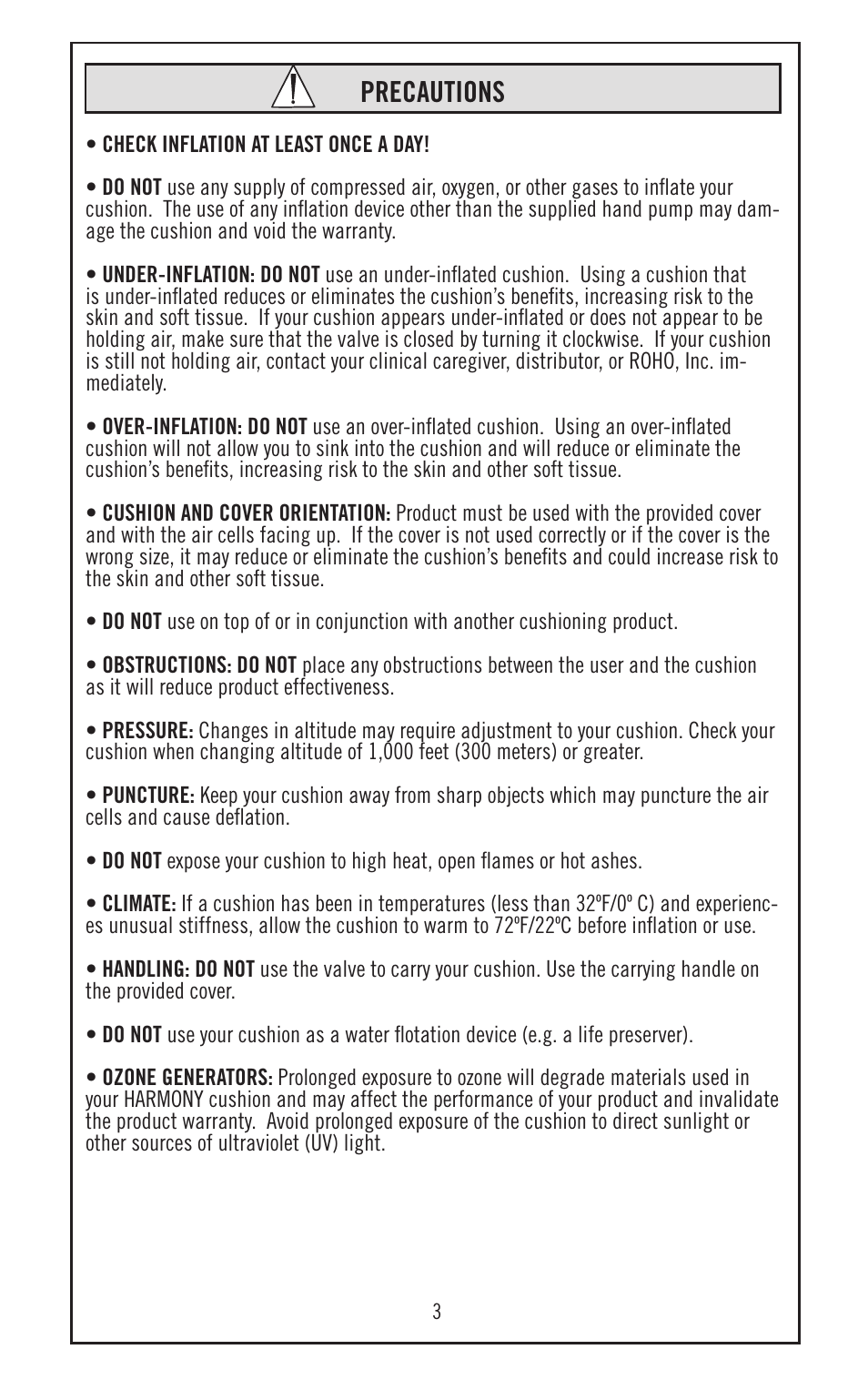 Precautions | ROHO HARMON cushion User Manual | Page 4 / 10
