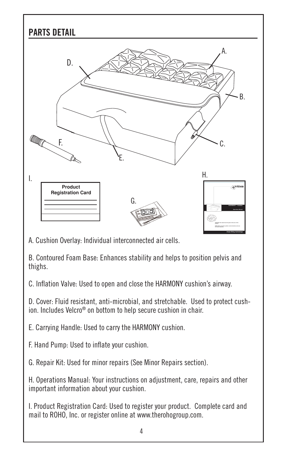 Parts detail, I. g, H. c | B. a | ROHO HARMON cushion User Manual | Page 5 / 10