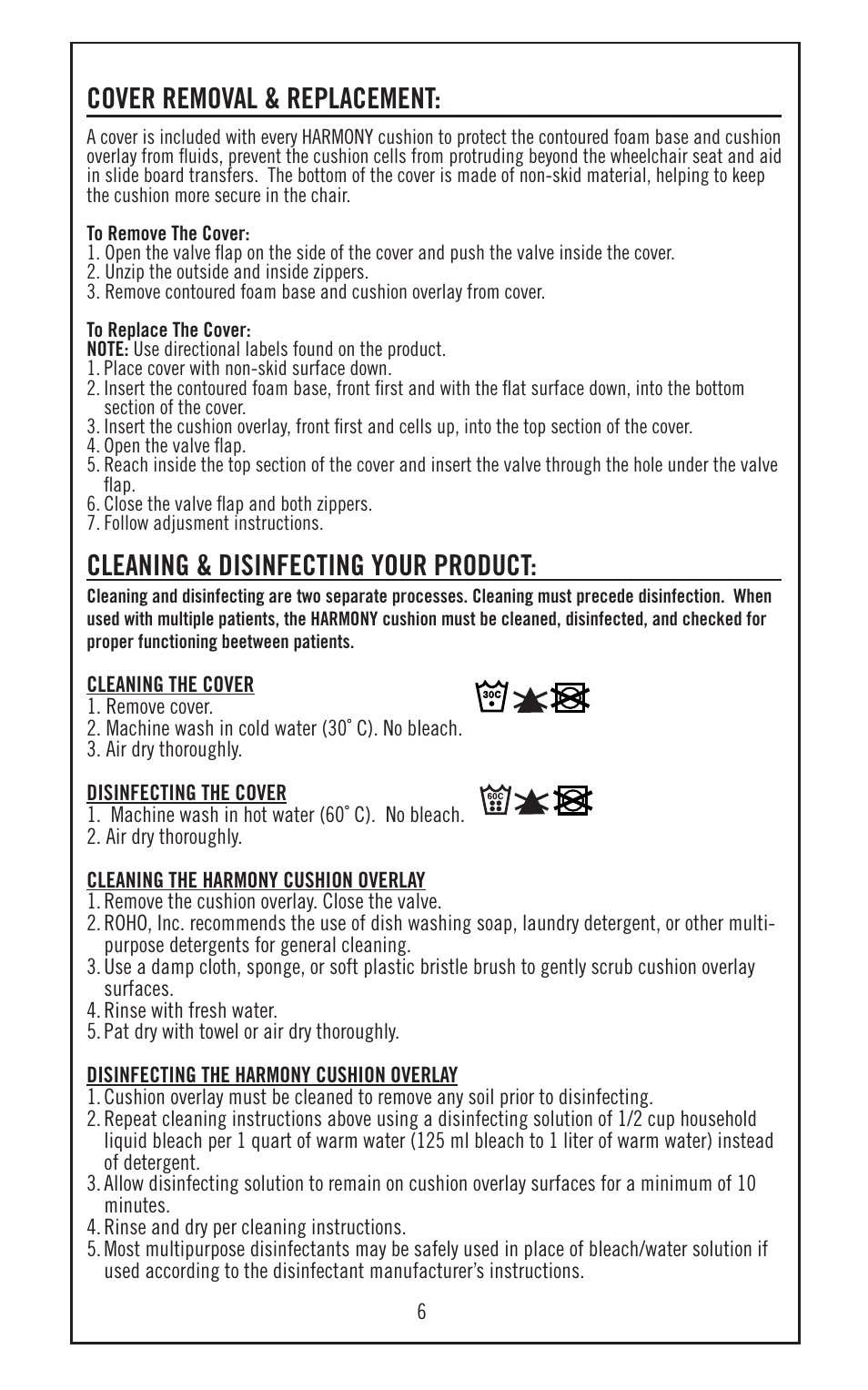 Cover removal & replacement, Cleaning & disinfecting your product | ROHO HARMON cushion User Manual | Page 7 / 10