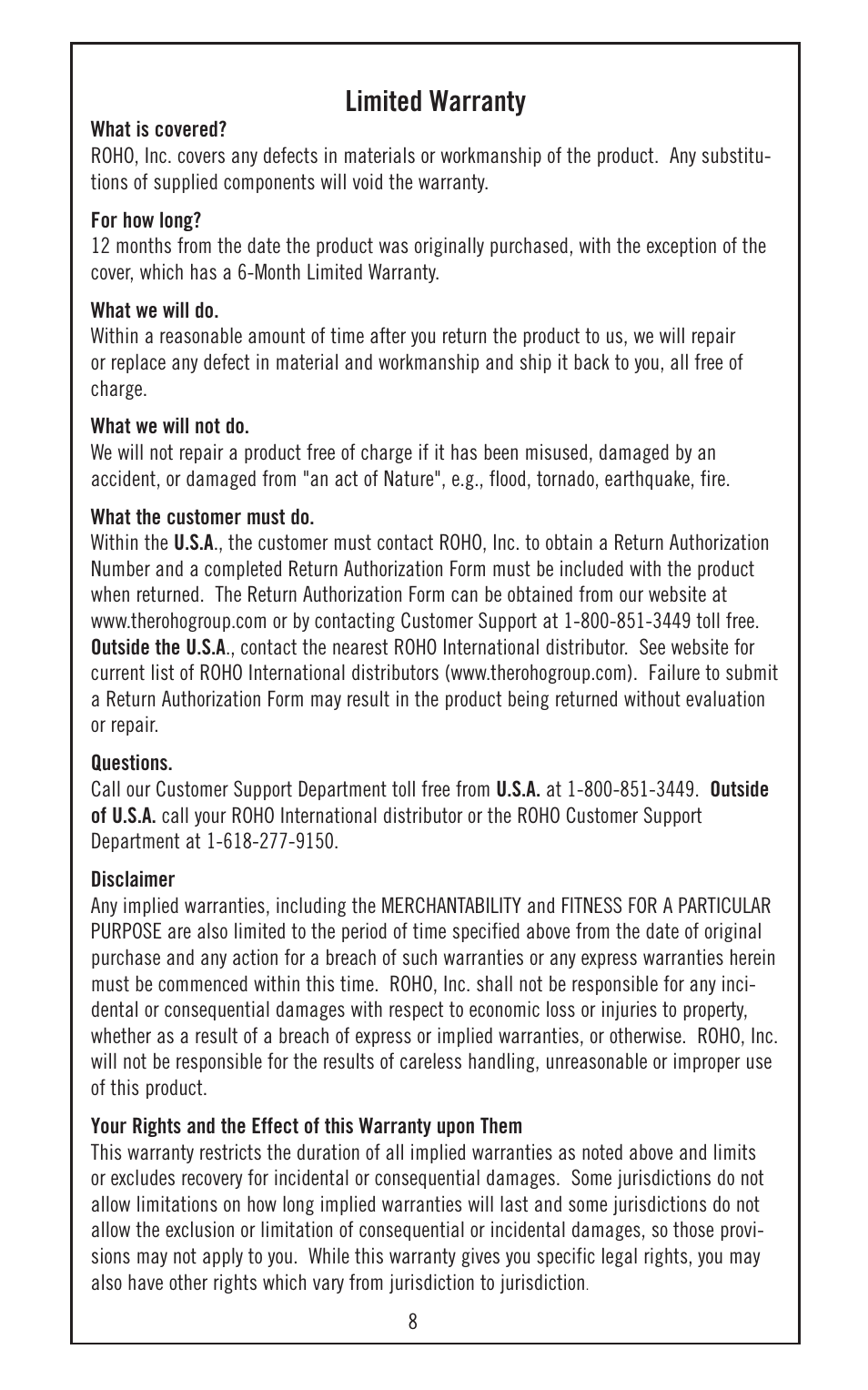 Limited warranty | ROHO HARMON cushion User Manual | Page 9 / 10