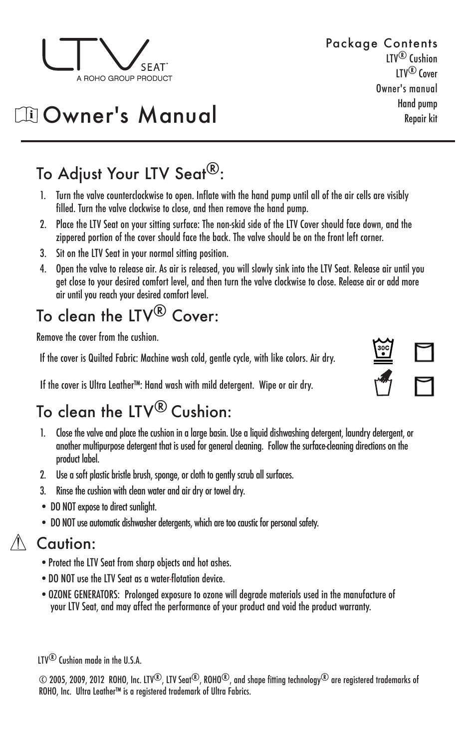 Owner's manual, Caution | ROHO LT seat cushion User Manual | Page 2 / 4