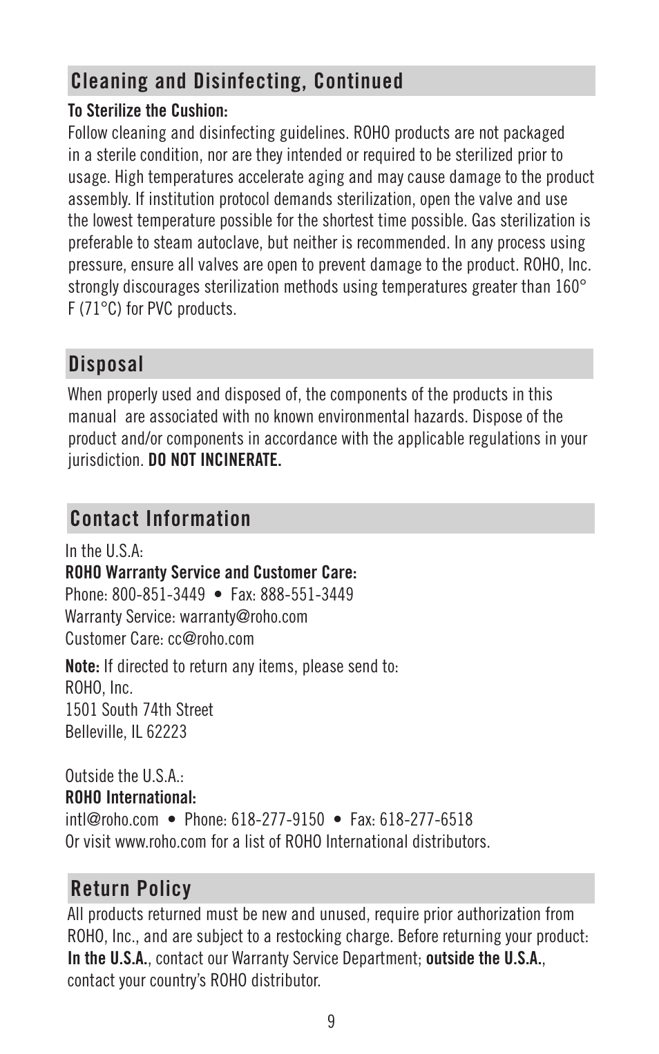 Disposal, Contact information, Return policy | Cleaning and disinfecting, continued | ROHO MOSAI Cushion User Manual | Page 10 / 14