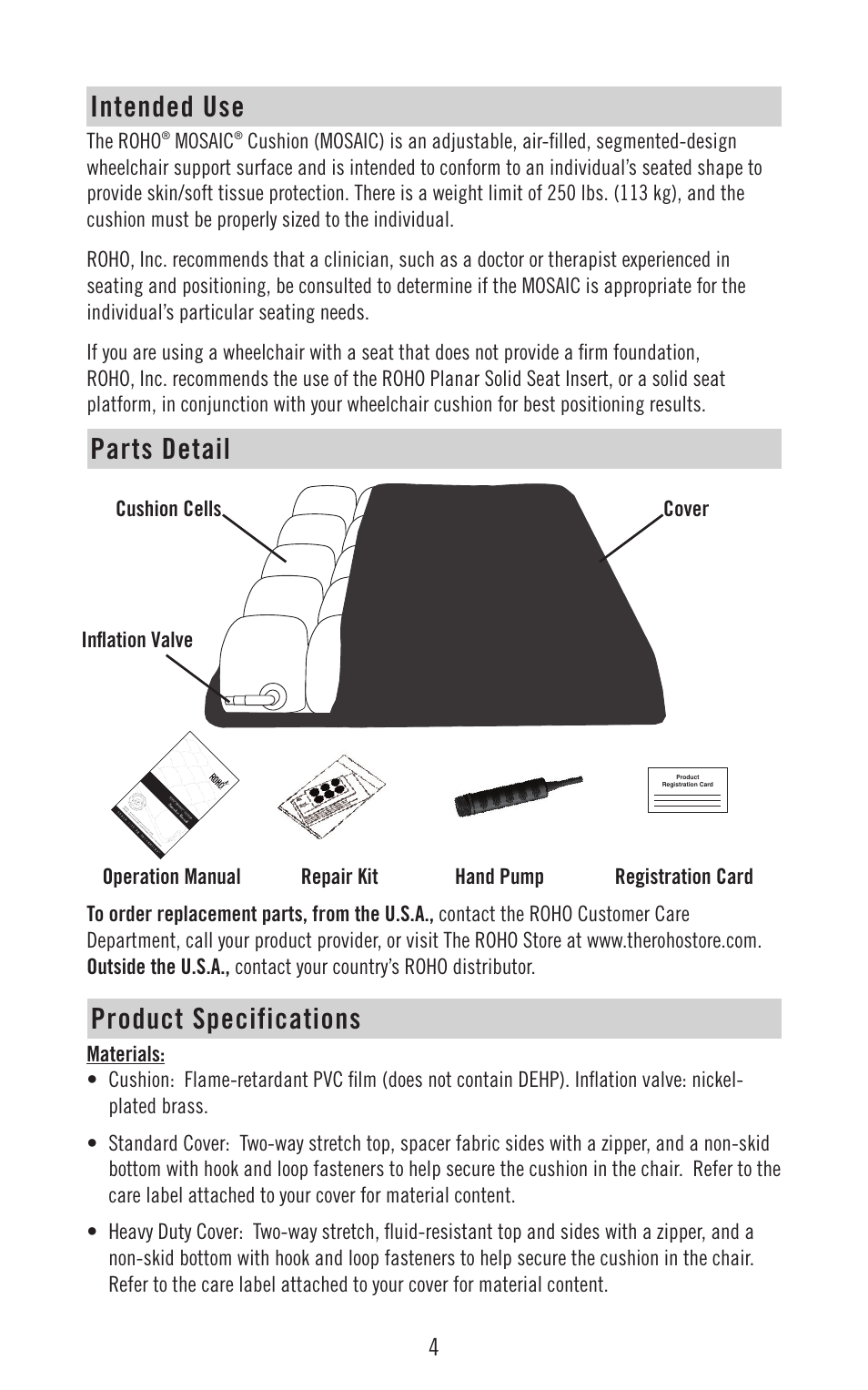 Intended use, Parts detail product specifications | ROHO MOSAI Cushion User Manual | Page 5 / 14