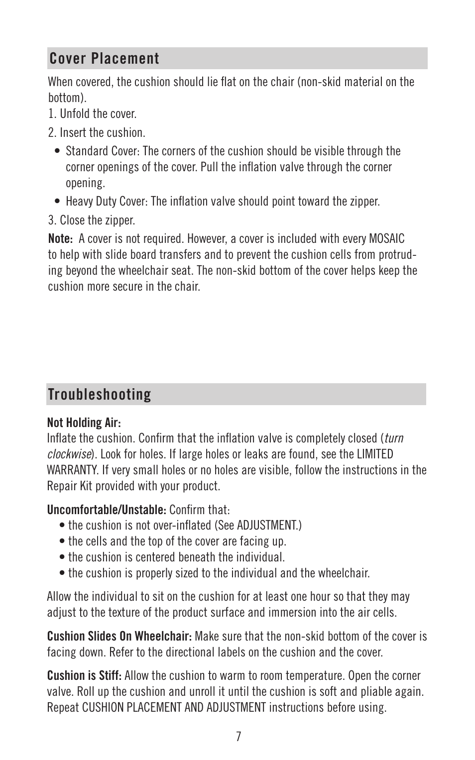 Cover placement, Troubleshooting | ROHO MOSAI Cushion User Manual | Page 8 / 14