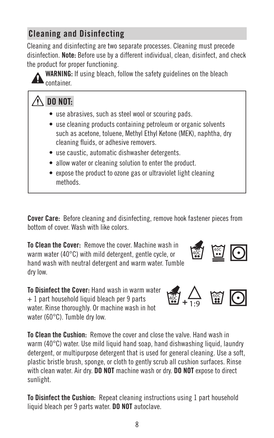 Do not, Cleaning and disinfecting | ROHO MOSAI Cushion User Manual | Page 9 / 14