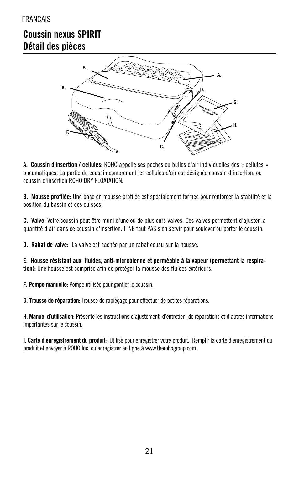 Coussin nexus spirit détail des pièces, Francais | ROHO nexus SPIRI cushion User Manual | Page 22 / 92